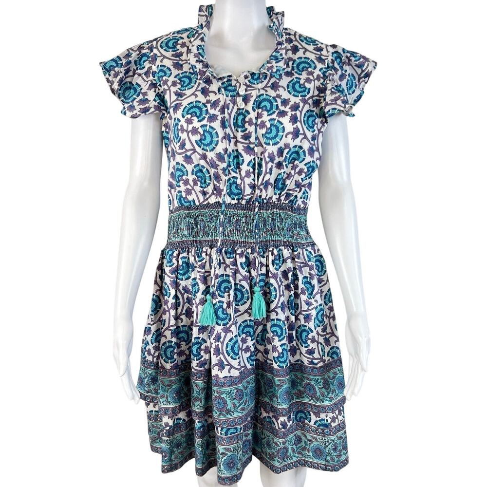 Victoria Dunn Purple Blue Patterned Ruffle Sleeve Smocked Waist Mini Dress (M)